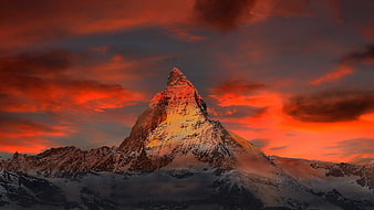 Matterhorn Mountain Peak at Dramatic Red Sunset