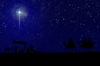 Silhouette Nativity Scene With Star Of Bethlehem And Three Wise Men