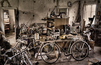 Cluttered Vintage Bicycle Repair Workshop Interior