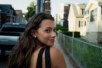 Smiling Brunette Woman Portrait on Urban Street