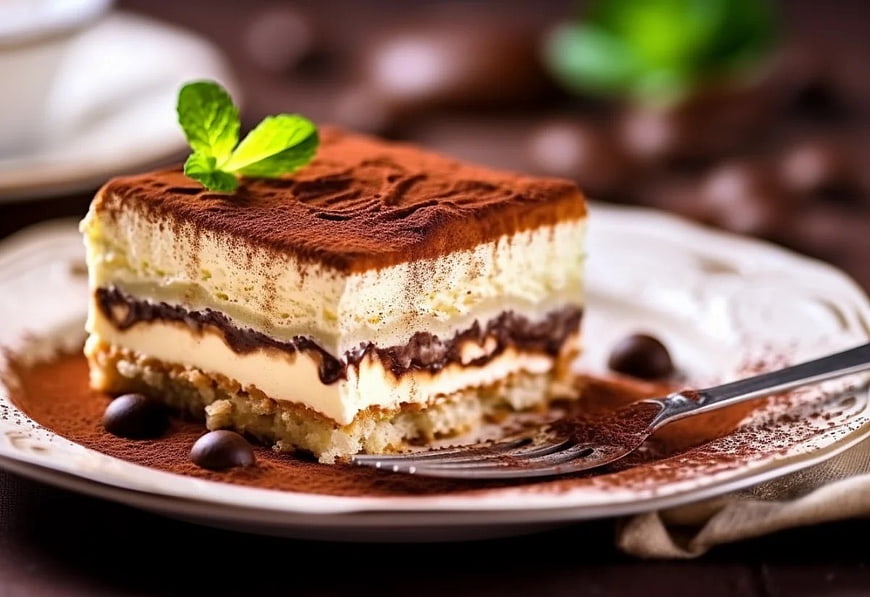 Close-up of layered tiramisu dessert with cocoa powder and mint garnish