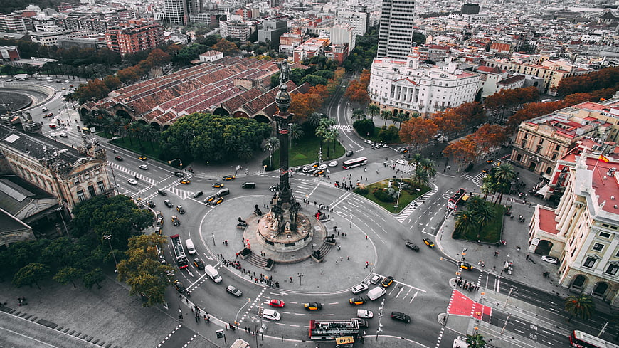 Aerial View of Columbus Monument and Plaça d'Espanya in Barcelona