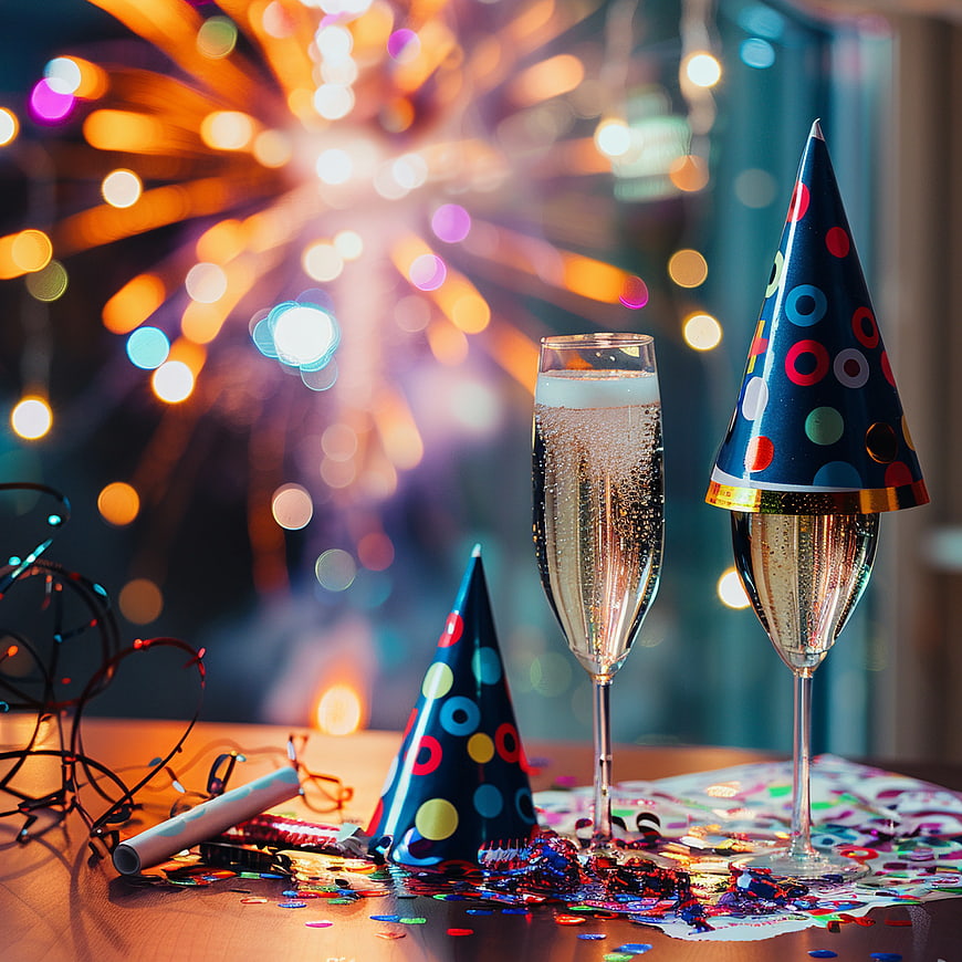 Champagne Toast with Party Hats and Fireworks Background