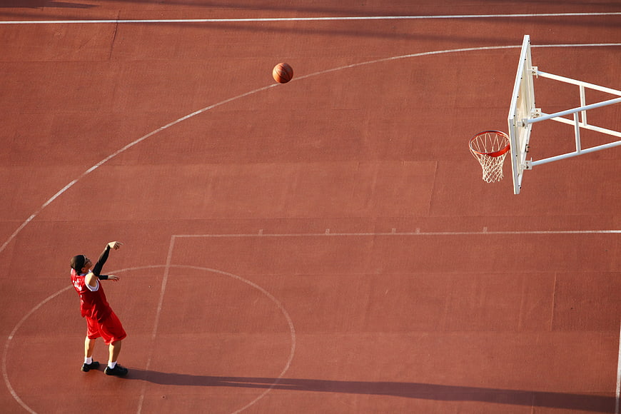 Aerial View of Basketball Player Shooting on Outdoor Court