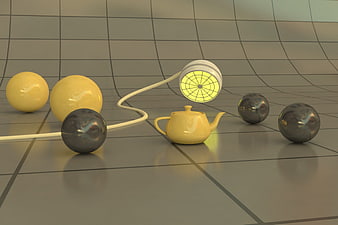3D Render of Yellow Teapot, Spheres, and Lamp on Grid