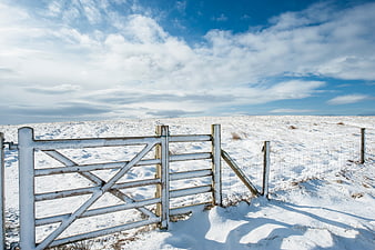 White metal gate in snowy winter landscape with blue sky