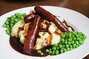 Classic Bangers and Mash with Peas and Gravy