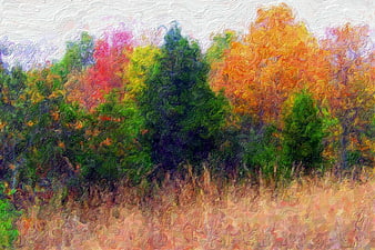 Impressionist Autumn Forest Landscape Painting with Vibrant Foliage