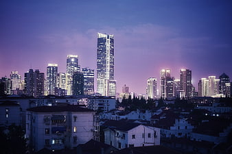 Shanghai Skyline at Dusk with Purple Twilight Sky