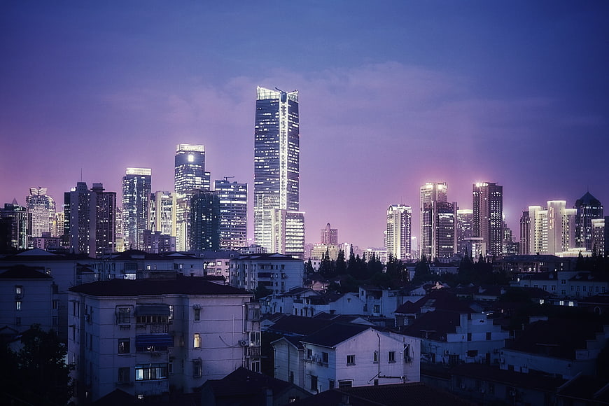 Shanghai Skyline at Dusk with Purple Twilight Sky