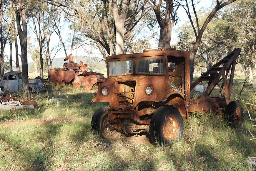 Rusty vintage tow truck in rural Australian bush