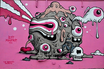 Bluff Monster Street Art Mural On Pink Wall