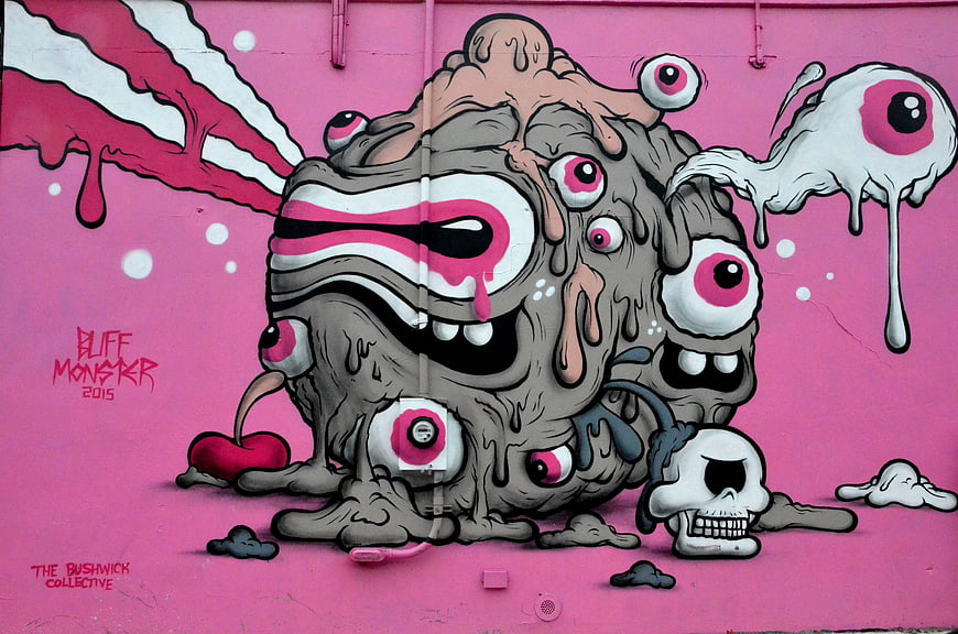 Bluff Monster Street Art Mural On Pink Wall