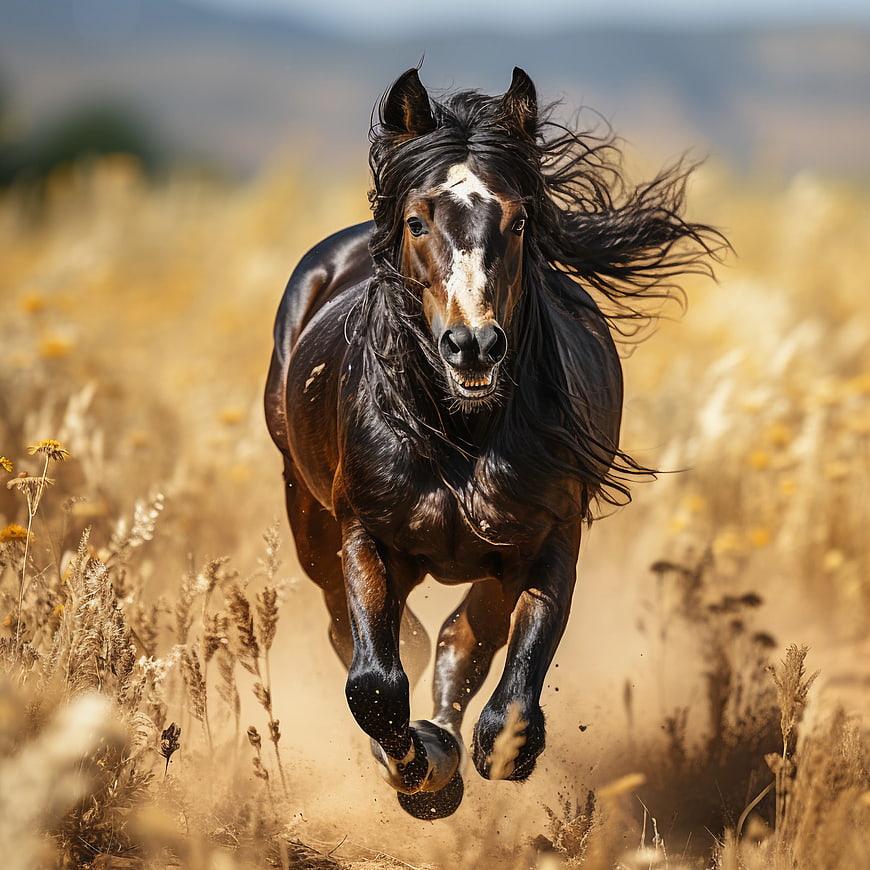 Powerful Black Horse Galloping in Golden Field