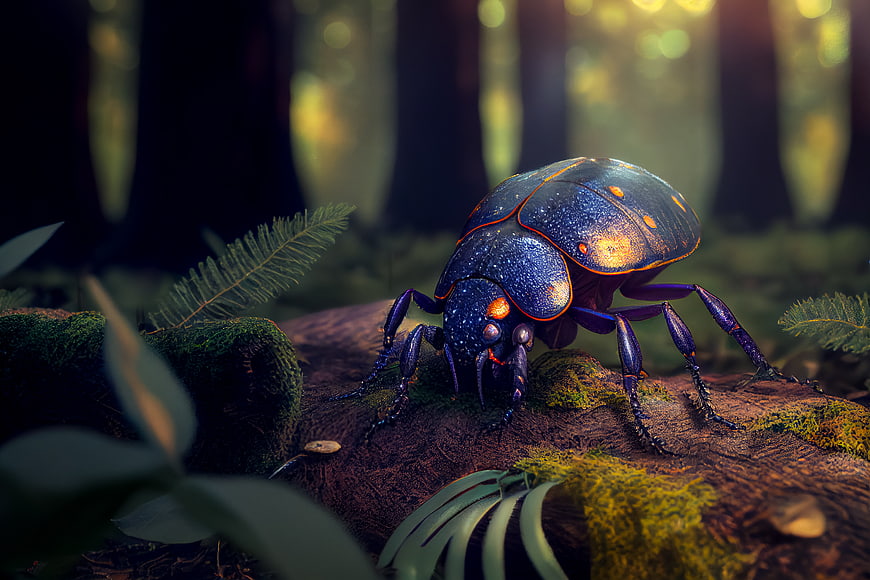 Magical glowing blue beetle on mossy forest log