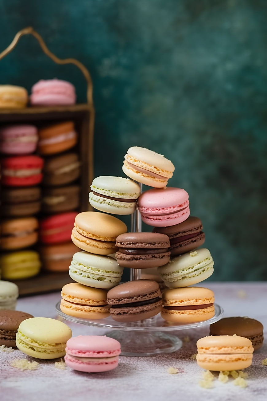 Colorful macarons stacked on a glass stand with blurred background