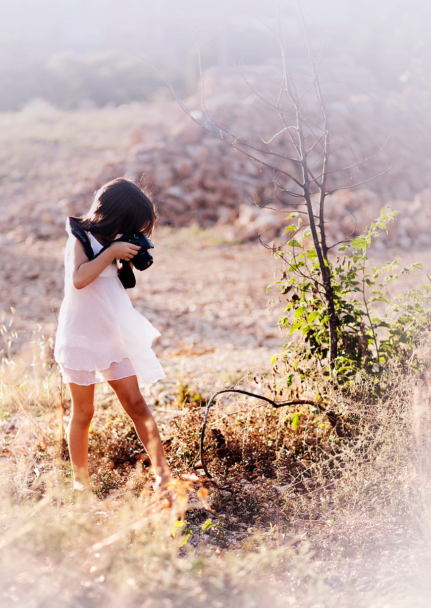 Little Girl Photographer Taking Pictures in a Sunny Field