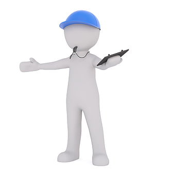3D White Male Figure Wearing Blue Hard Hat Holding Clipboard