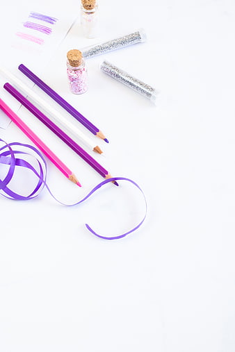 Purple and Pink Pencils with Glitter and Ribbon Flat Lay