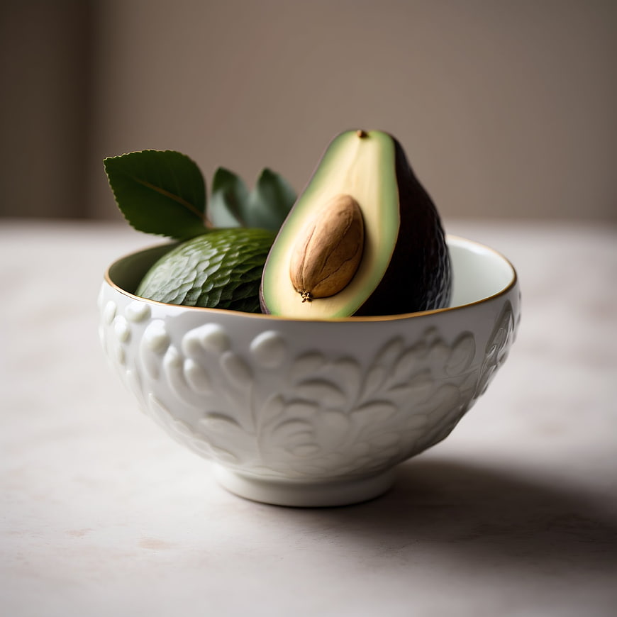Fresh Avocado in White Ceramic Bowl