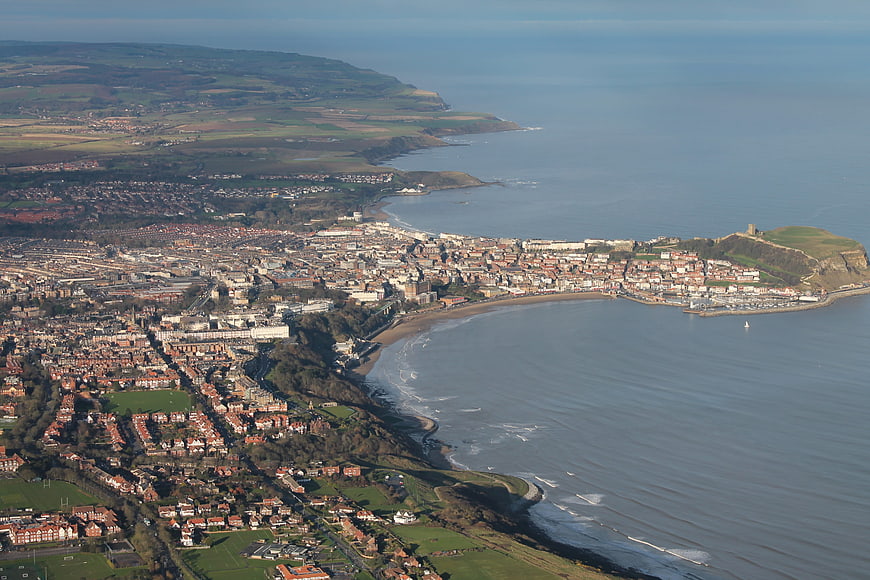Aerial view of Scarborough coastline and harbor