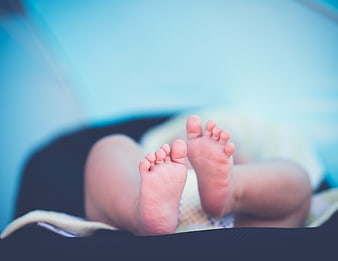 Close-up of newborn baby feet in a crib