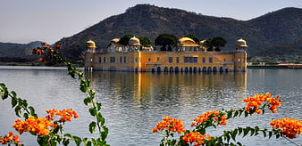 Jal Mahal Palace in Jaipur, Rajasthan, India with Orange Flowers