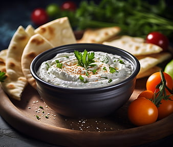 Creamy Tzatziki Dip with Pita Bread and Tomatoes