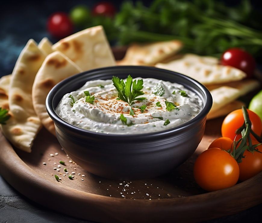Creamy Tzatziki Dip with Pita Bread and Tomatoes