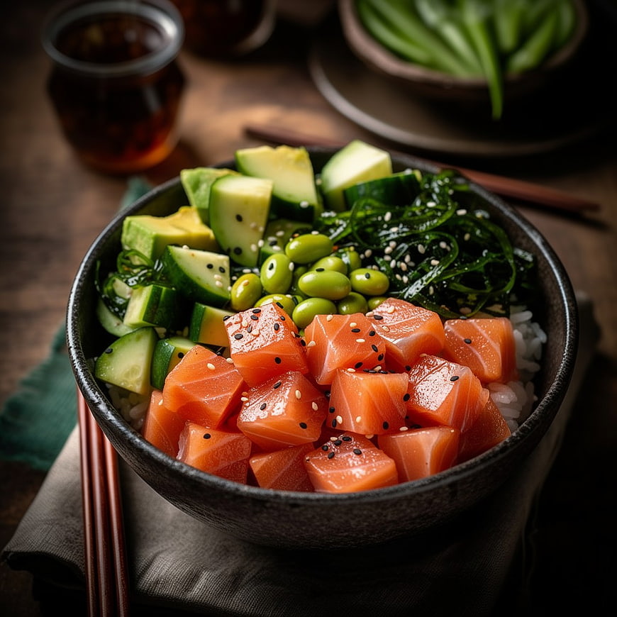 Fresh Salmon Poke Bowl with Avocado and Edamame