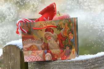 Vintage Christmas Gift Bag with Candy Cane and Apple