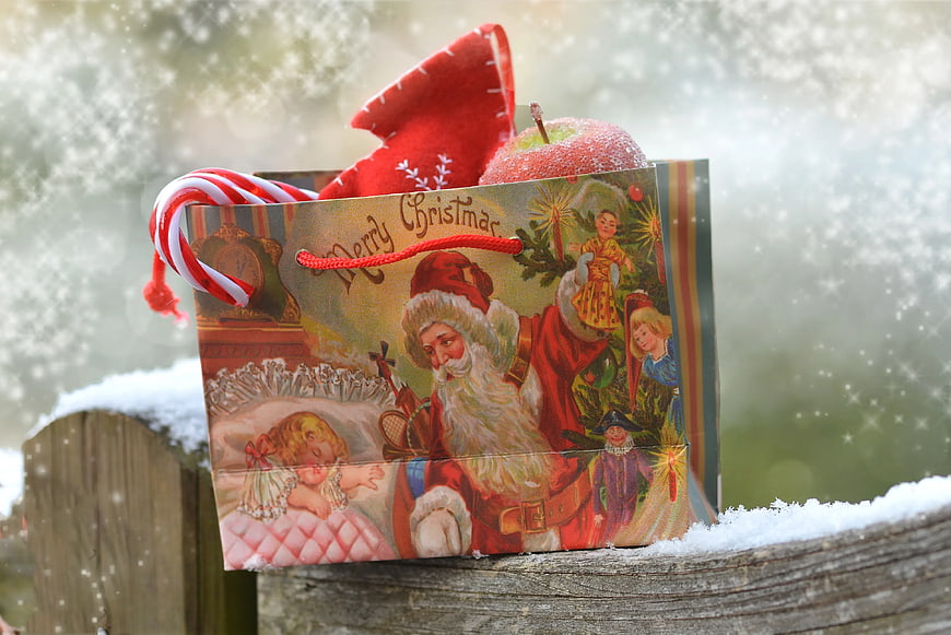 Vintage Christmas Gift Bag with Candy Cane and Apple