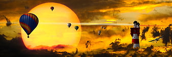 Fantasy Sunset with Hot Air Balloons and Lighthouse