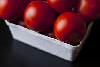 Fresh Red Tomatoes in White Container on Dark Background