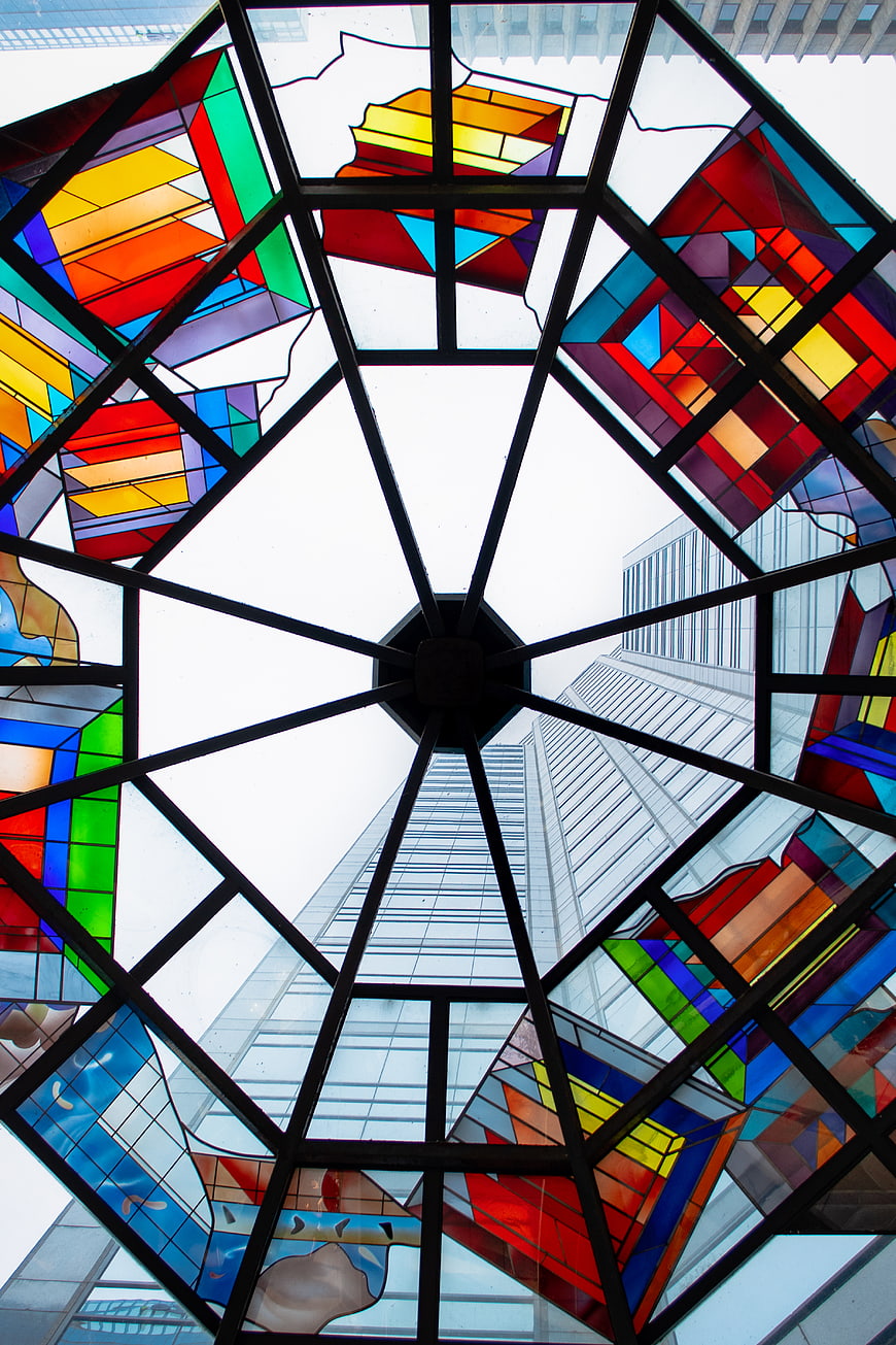 Colorful Stained Glass Ceiling with Skyscraper View