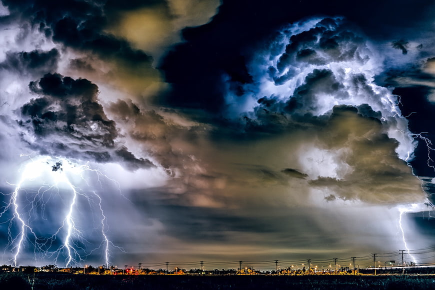 Dramatic Night Thunderstorm with Multiple Lightning Bolts