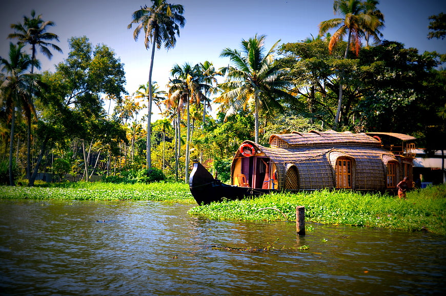 Traditional Kerala Houseboat Docked on Backwaters with Palm Trees