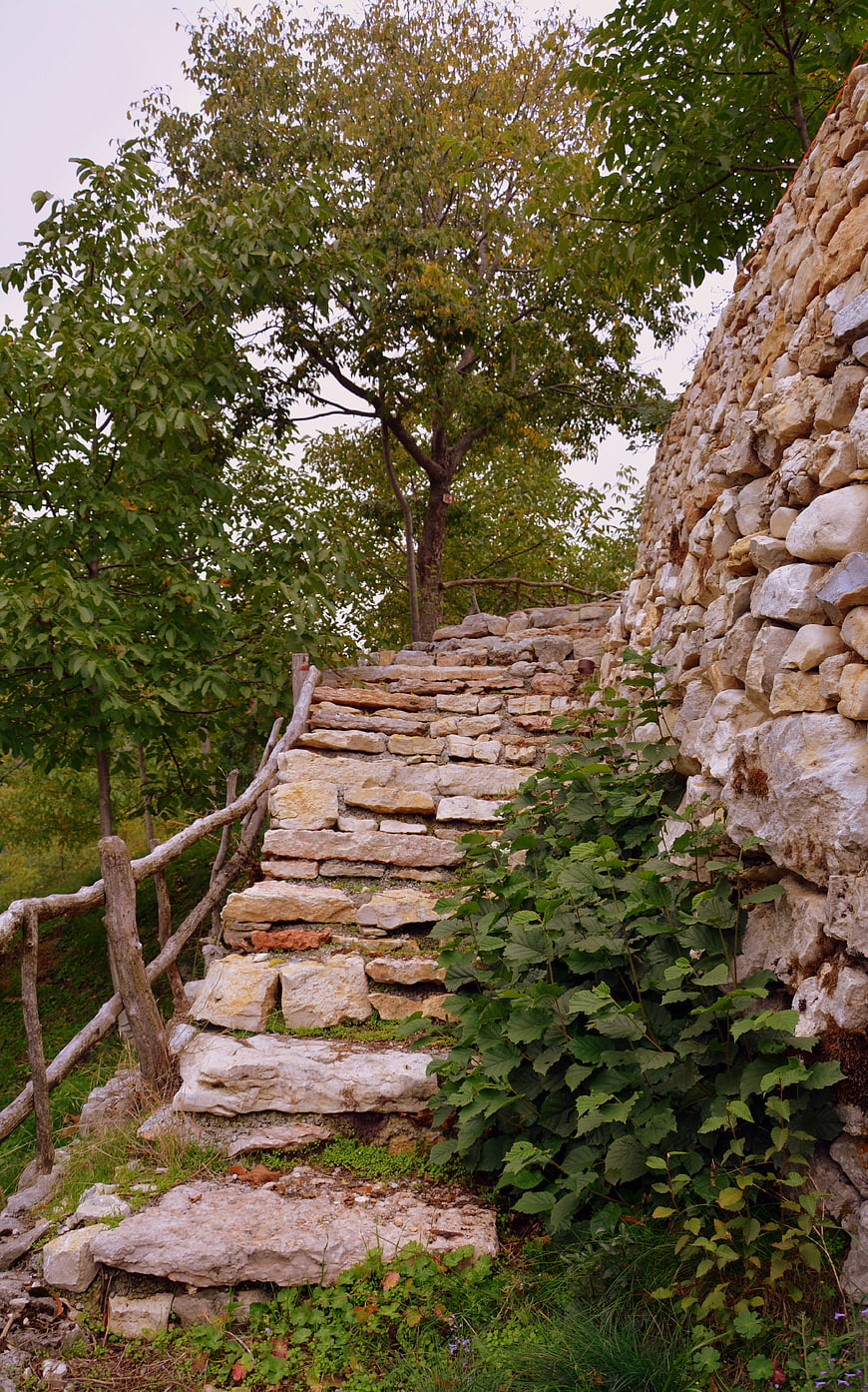 Rustic stone steps leading up a hillside path in Italy