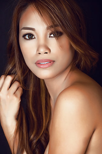 Studio Beauty Portrait Of Asian Woman With Long Brown Hair