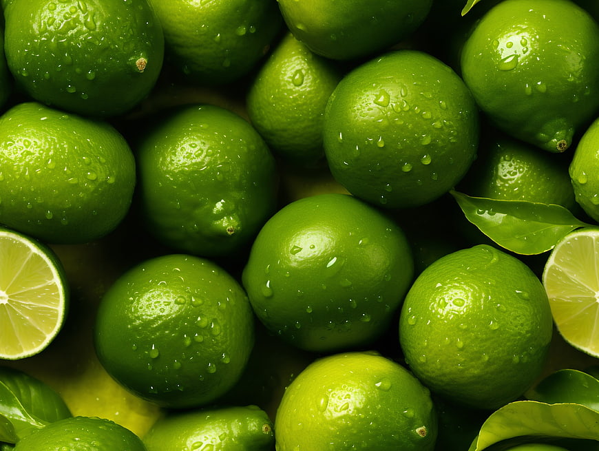 Fresh Green Limes with Water Drops and Leaves