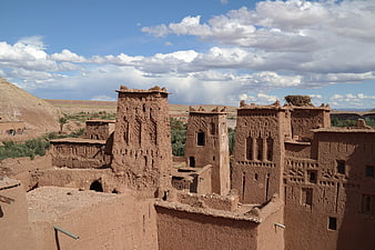 Ancient Mud-Brick Kasbah Architecture in Desert Landscape