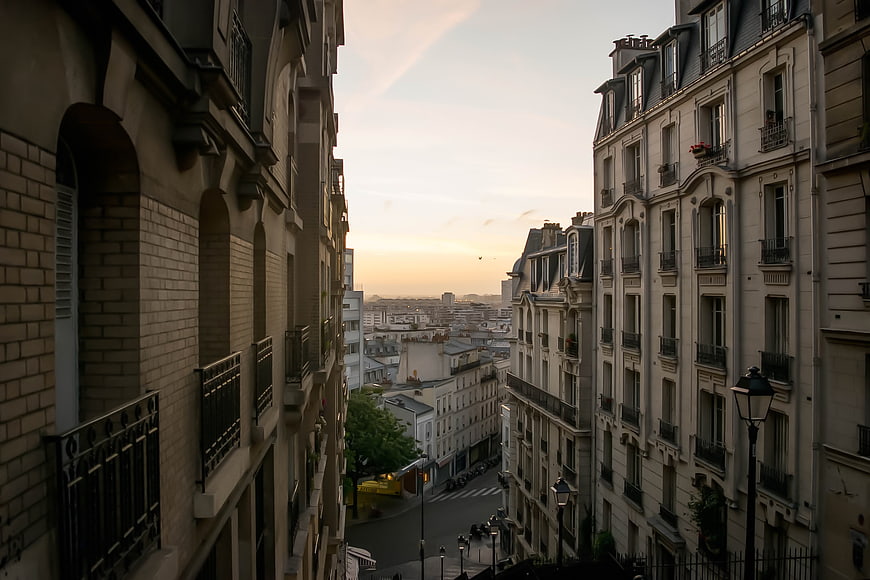 Parisian Street View at Sunset with Classic Architecture