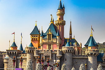 Fairytale Castle with Blue Roofs and Holiday Decorations