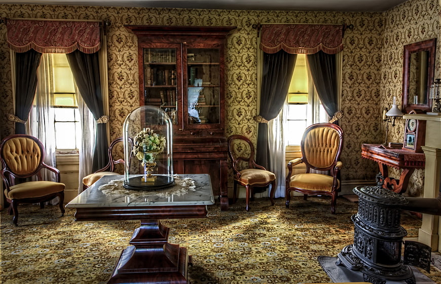 Vintage Victorian Living Room with Antique Furniture and Wallpaper