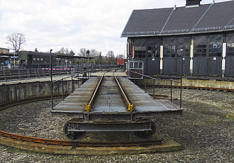 Railway Turntable in Train Depot with Locomotive Shed