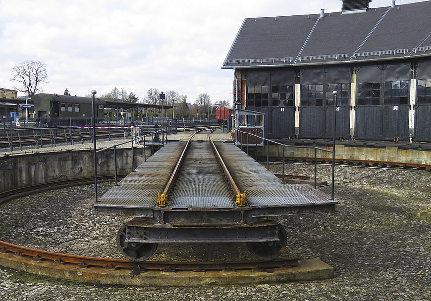 Railway Turntable in Train Depot with Locomotive Shed
