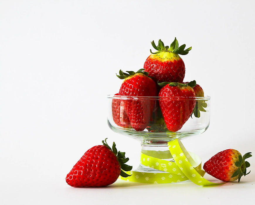Fresh Strawberries in Glass Bowl with Ribbon
