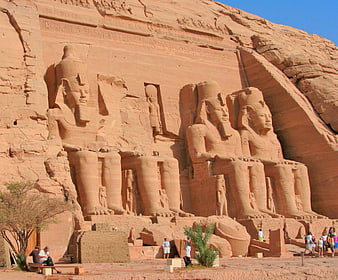 Abu Simbel Temple Facade With Giant Pharaoh Statues In Egypt