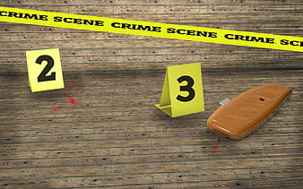 Crime Scene Evidence Markers And Box Cutter On Wooden Floor