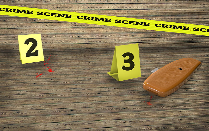 Crime Scene Evidence Markers And Box Cutter On Wooden Floor